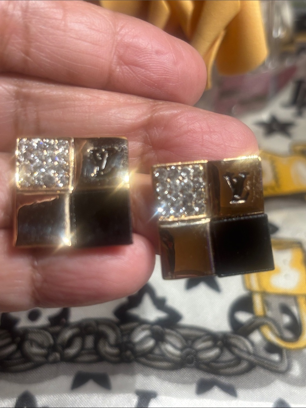 Gold and Black Checker Pavé LV Stud Earrings